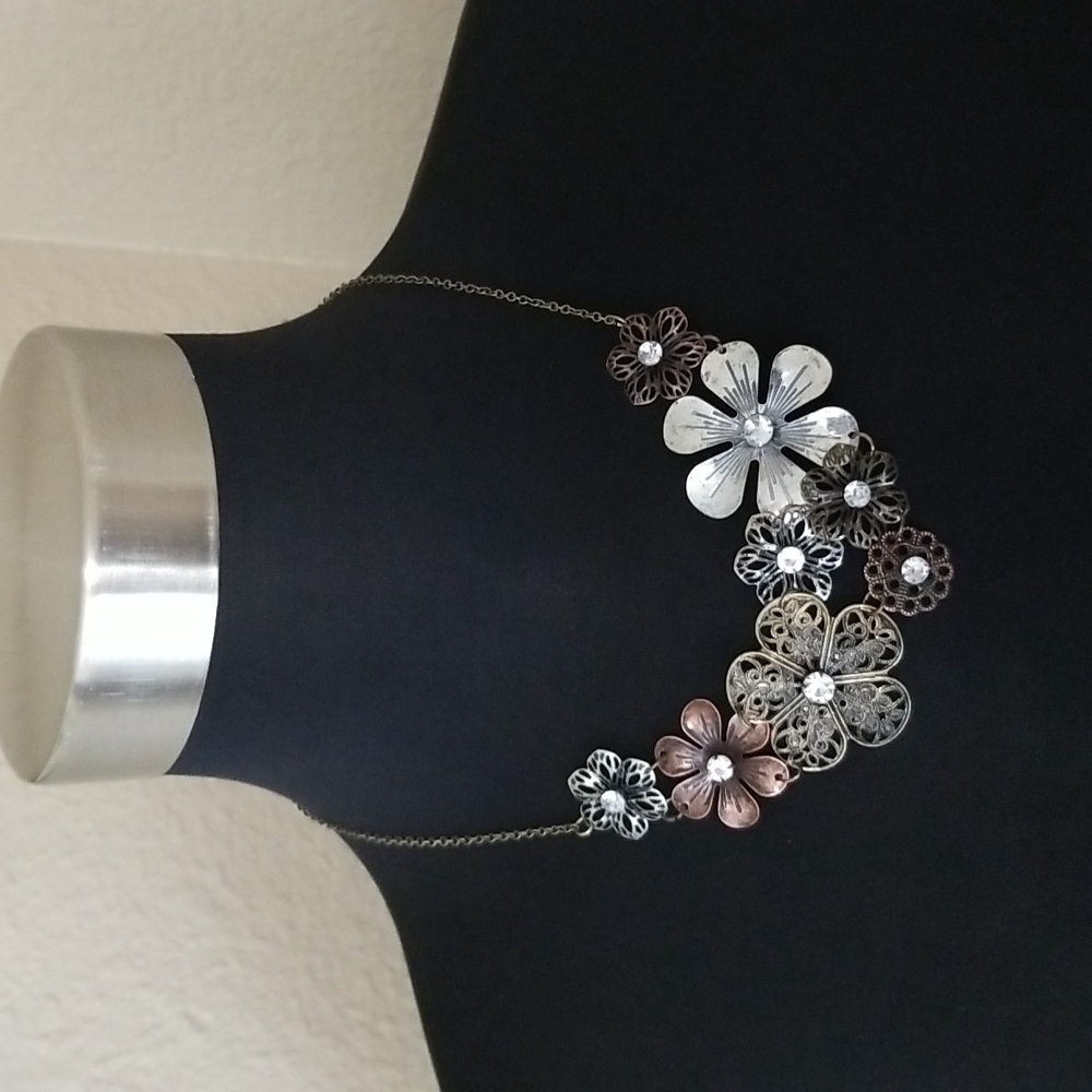 Claires Gold Silver Copper Flower Rhinestone Necklace